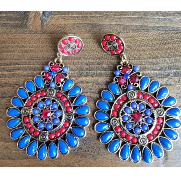 Unique Bohemian South Western Concho Oversized Blossom Dangle Earrings Blue/Red - Picture 4 of 4